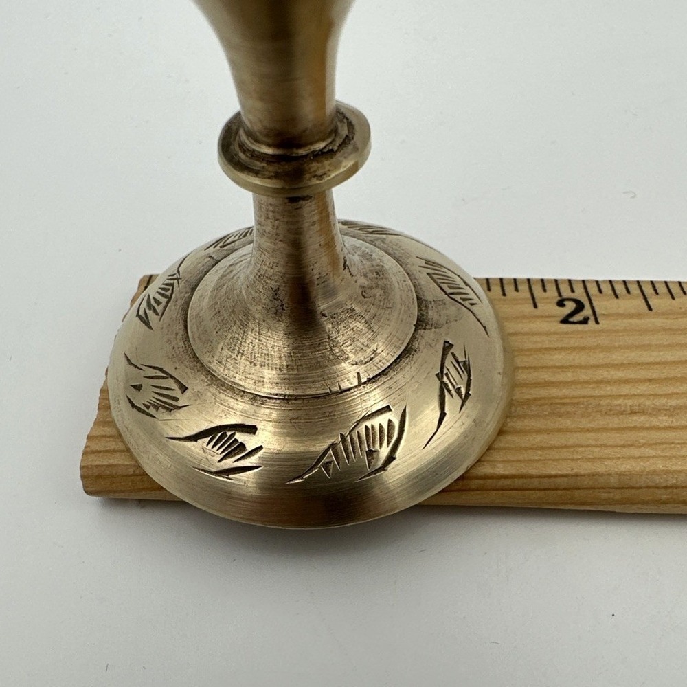 Vintage Brass Bud Vase Pedestal Base Etched Floral Leaf Boho Accent Decor 5" - Picture 10 of 11